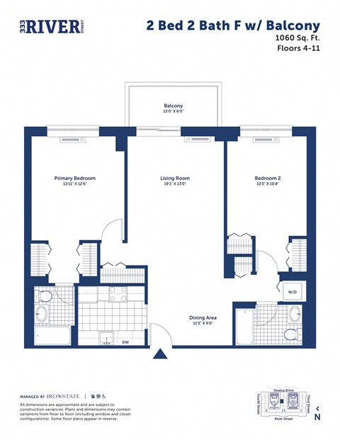 Floor plan for 2 beds, 2 baths, 1060 sqft
